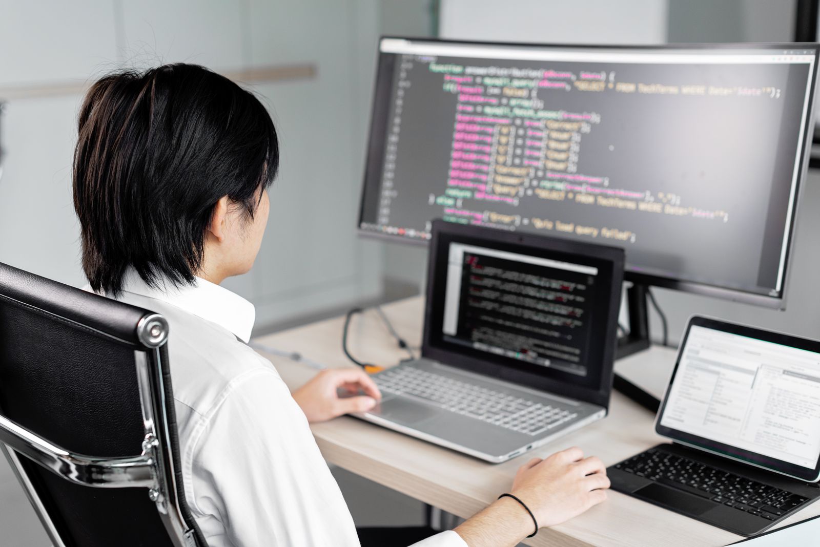 A software developer works with multiple monitors, representing enterprise AI products rather than an Odin AI workplace.
